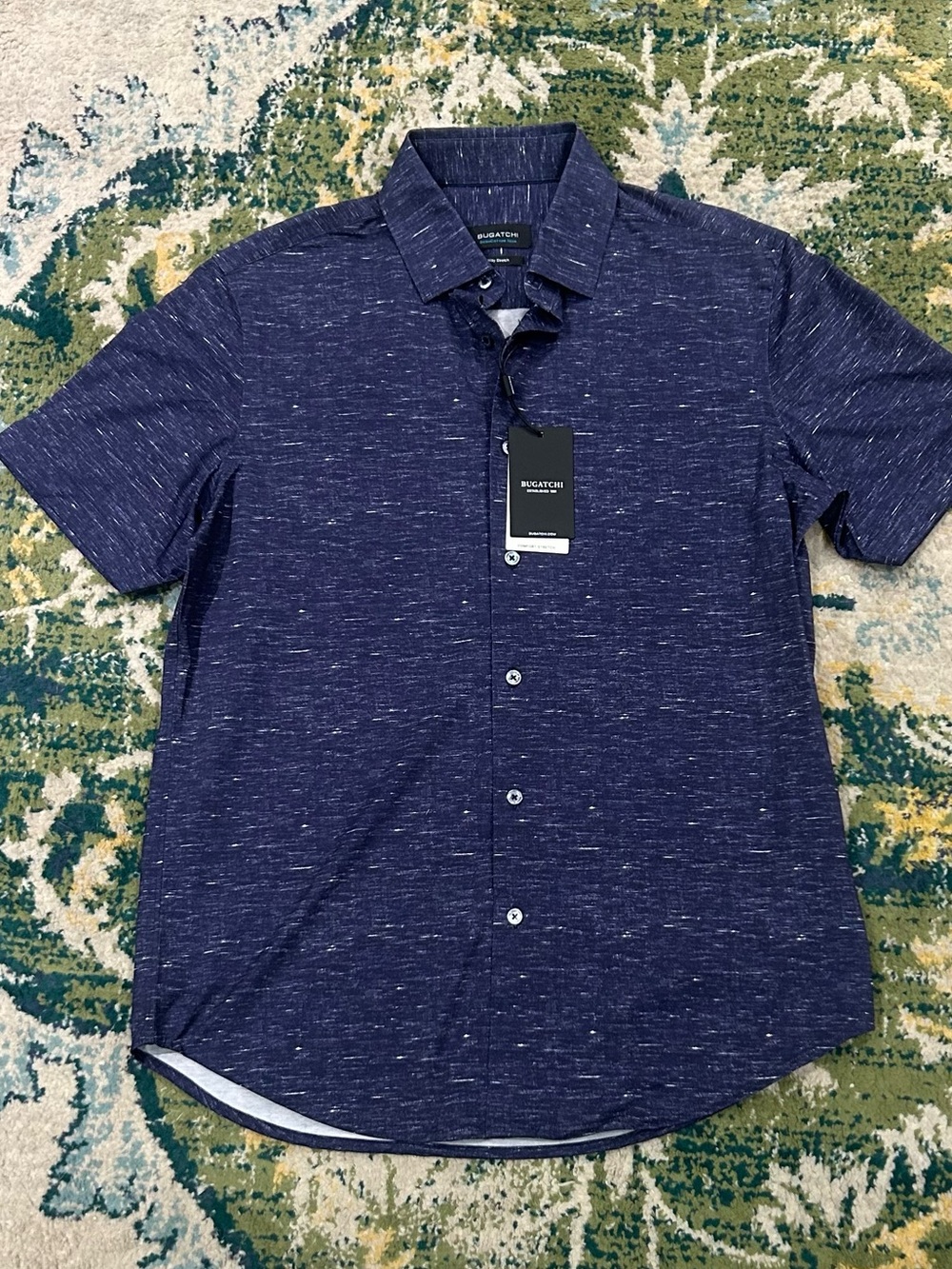 NEW $179 Bugatchi OoohCotton size M sport tech shirt stretch navy blue button up